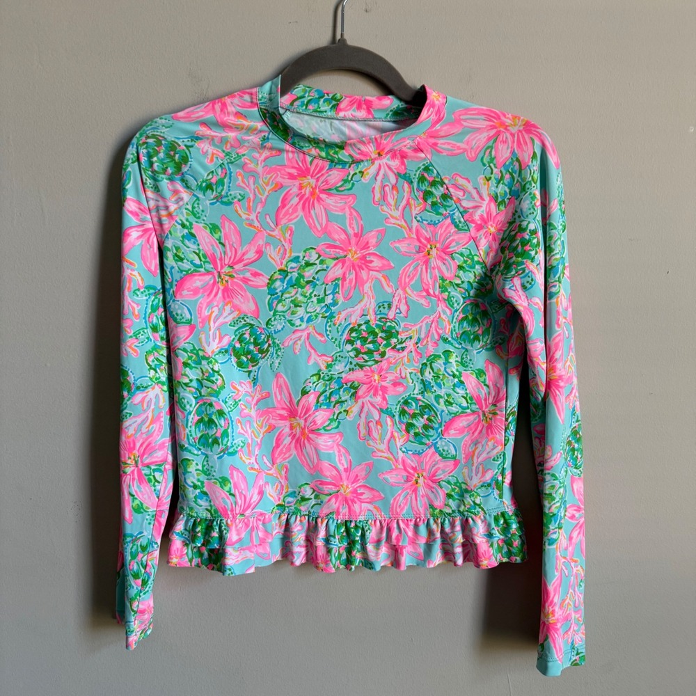 Lilly Pulitzer Girls Size 10 Rash Guard Long Sleeve Ruffle Swim Top Floral